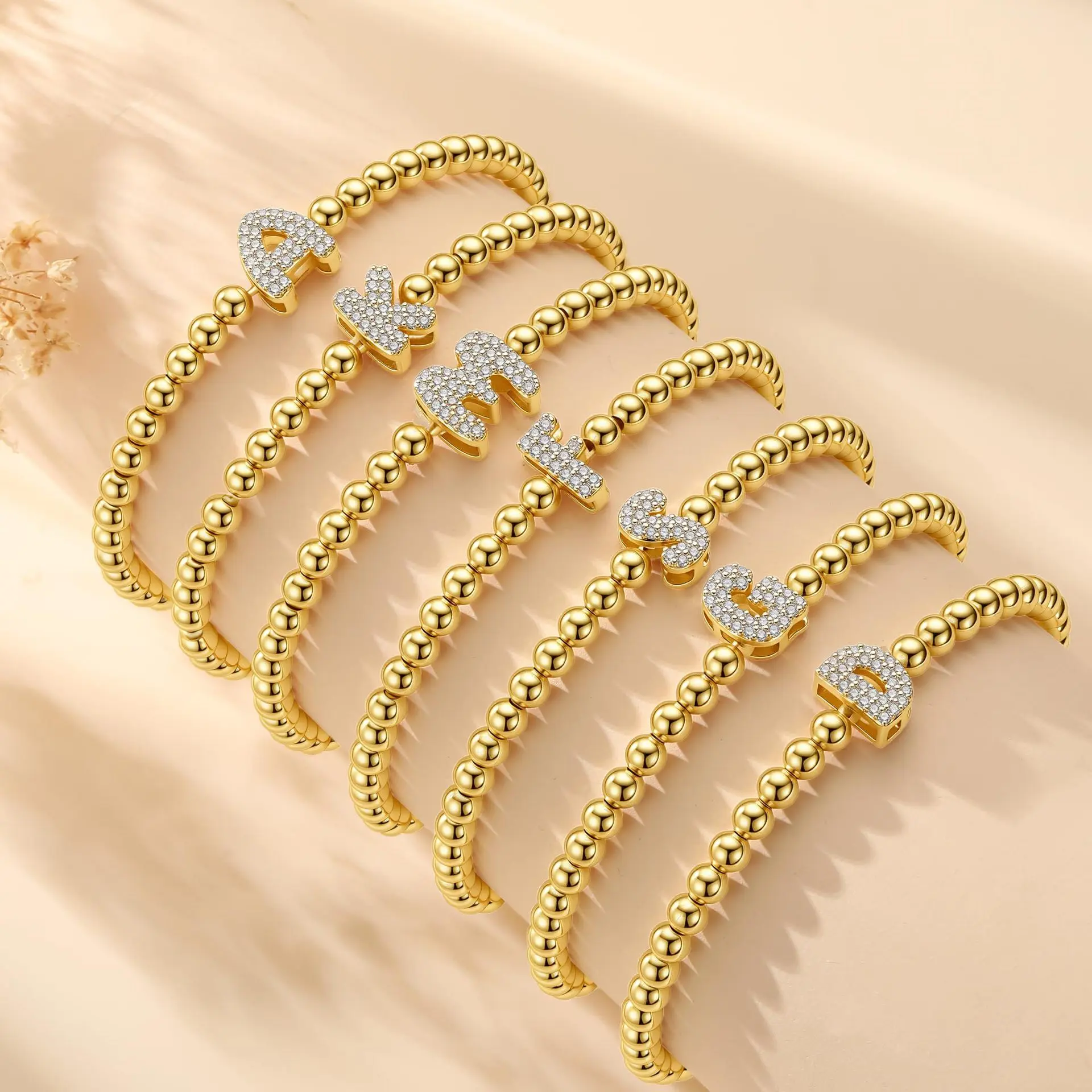 Handmade Golden Beaded Bracelet, Trendy Bubble Letter A-Z Initial Cubic Zirconia Elastic Beads Bracelet Waterproof Non Tarnish Summer Beach Jewelry Vacation Travel Bracelet Holiday Gift