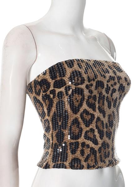 Women's Leopard Print Sequins Tube Top, Fashion Casual Strapless Top for Daily Outdoor Wear, Ladies Clothes for Summer