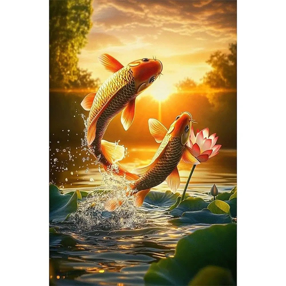 1PC 5D diamond painting 2D flat printing Golden Koi Fish Diamond Painting Kits for Adults DIY 5D Rhinestone Embroidery Art Craft Home Wall Decor Sunset Lake Lotus Flower Pattern Gift for Living Room