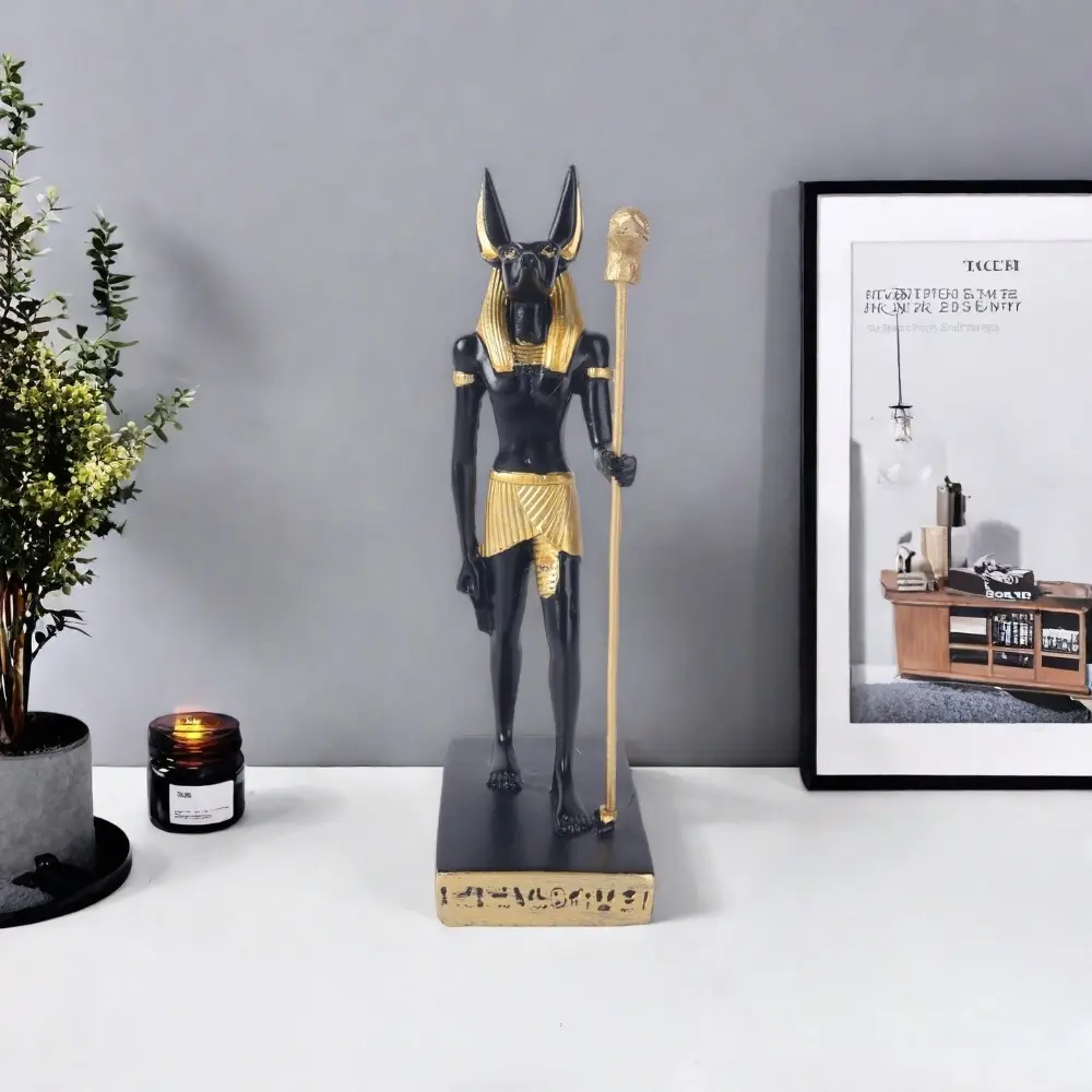 1pc Resin Anubis Statue, Vintage Ancient Egyptian Style, Black and Gold Jackal God Figurine with Scepter, Decor Sculpture for Entryway, Living Room & Garden, Unique Room Ornament, Travel Souvenir & Ideal Holiday Gift