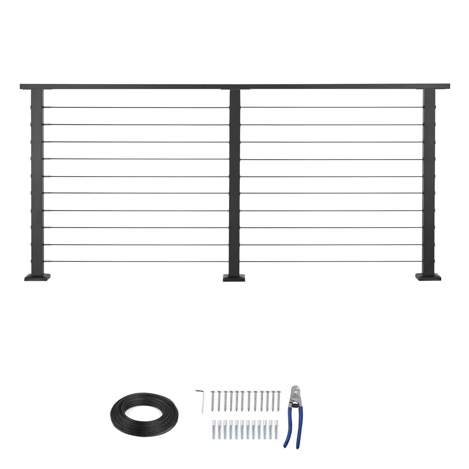 Matte Black Stainless Steel Complete Cable Railing Kit - 6.5 ft Cuttable Railings, 36" Height Post with Level Hole Drilled System for Outdoor/Indoor Stairs, Deck
