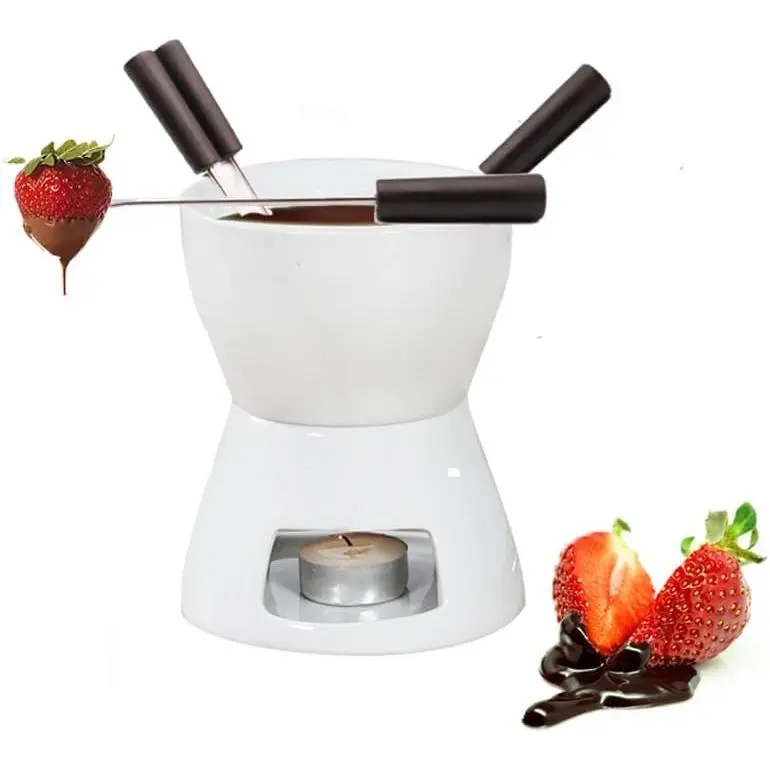 Mini Ceramic Fondue Pot Set, 350ml Personal Butter Warmer with 4 Forks, Oven Safe Cookware for Melting Chocolate, Cheese, and Dips, Compact