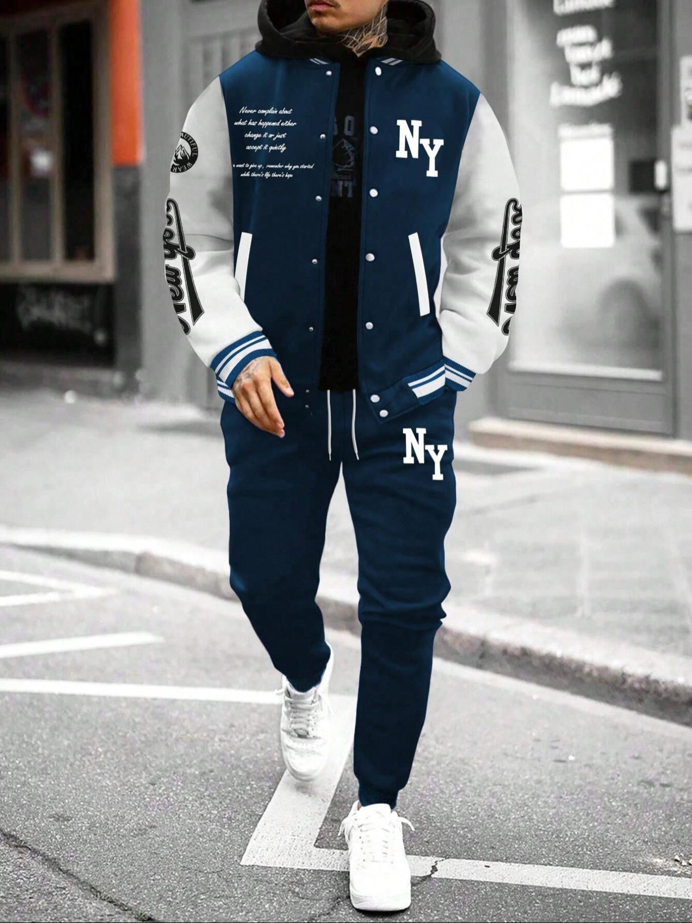 Men's Letter Print Slogan Baseball Jacket & Pants Two-piece Set, Loose Casual Long Sleeve Baseball Collar Outerwear & Trousers for Daily Wear, Men's Two-piece Outfits for Fall & Winter