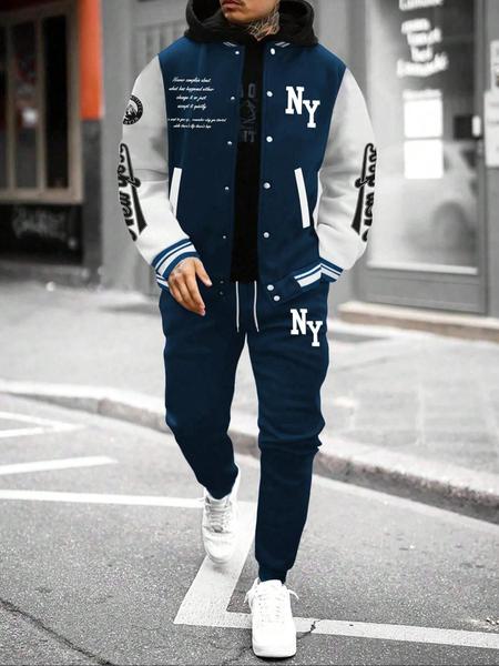 Men's Letter Print Slogan Baseball Jacket & Pants Two-piece Set, Loose Casual Long Sleeve Baseball Collar Outerwear & Trousers for Daily Wear, Men's Two-piece Outfits for Fall & Winter