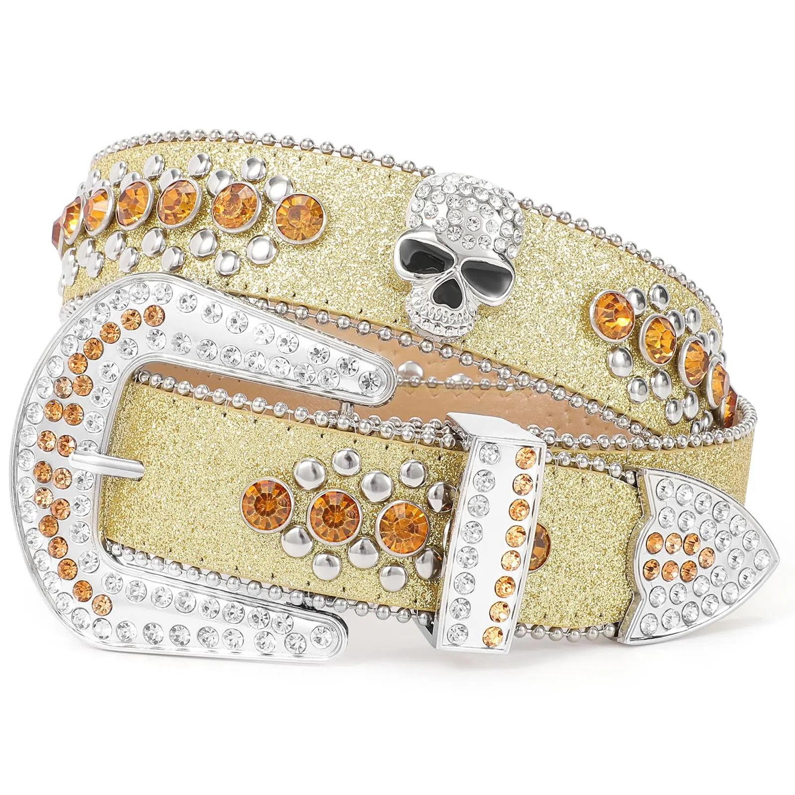 XZQTIVE Rhinestone Skull Sequins Belt for Men and Women - Sparkly Bling Diamond Studded Belt, Western Cowgirl Cowboy Style, Glamorous Accessory for Parties, Events, and Daily Wear