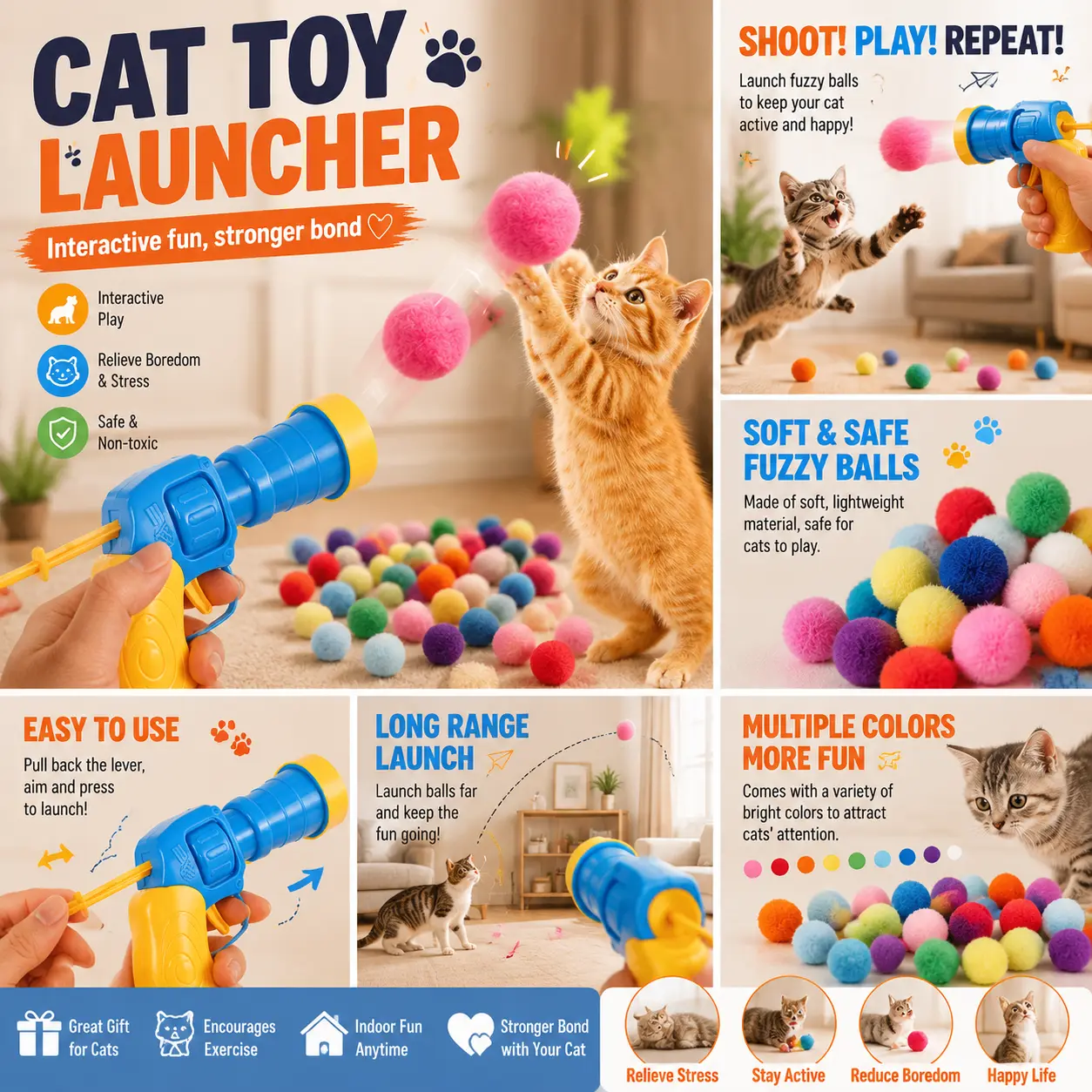 20Pcs Plush Fuzz Balls Cat Toy Launcher Gun Interactive Fetch Game Chase Toy Funny Kitten Shooting Training Toys for Bored Indoor Adult Cats