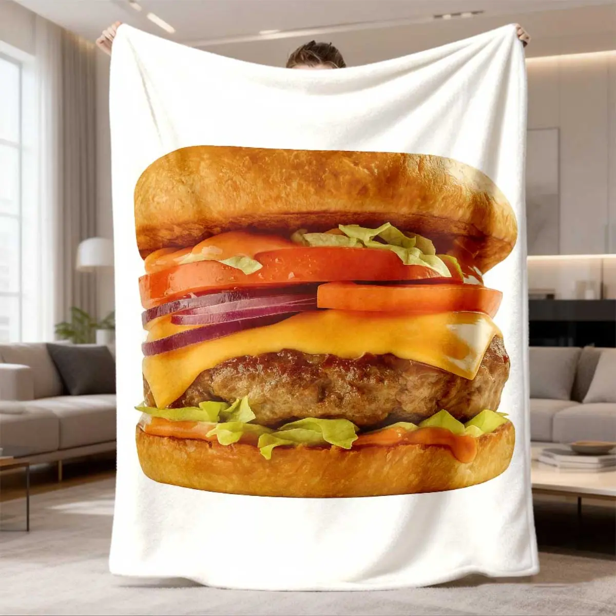 2026 New Arrival Flannel Blanket 1pc Vintage Style Hamburger Print Flannel Blanket - Hypoallergenic, All-Season Soft Polyester Throw for Bed, Sofa - Hand Wash Only, Multipurpose 127 0x152 4cm Lightweight Bedding, Birthday & Chr