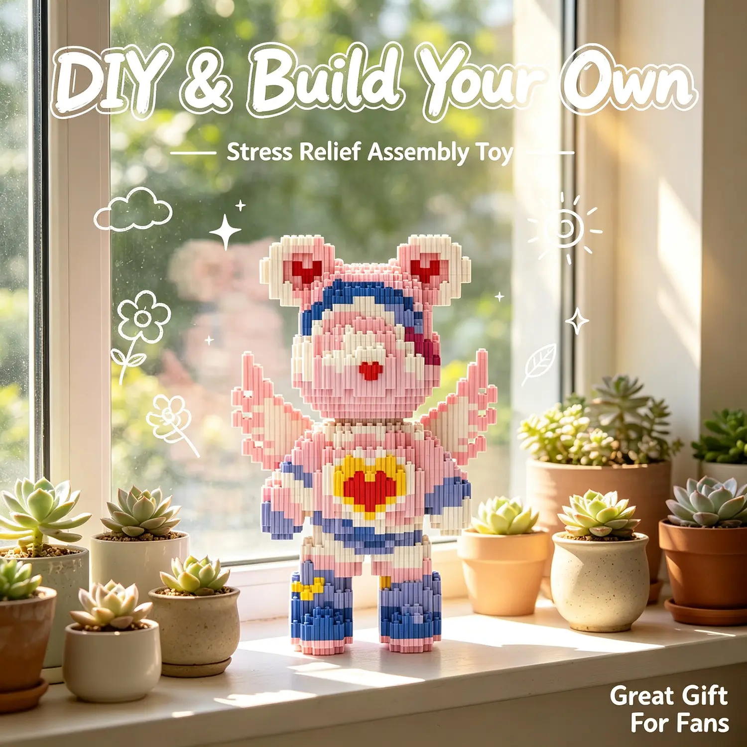 Gradient Color Winged Bear 3D Puzzle Block Ornament, Home Office Decor, Party Decoration, Ideal Gift for Holidays, Handmade Craft