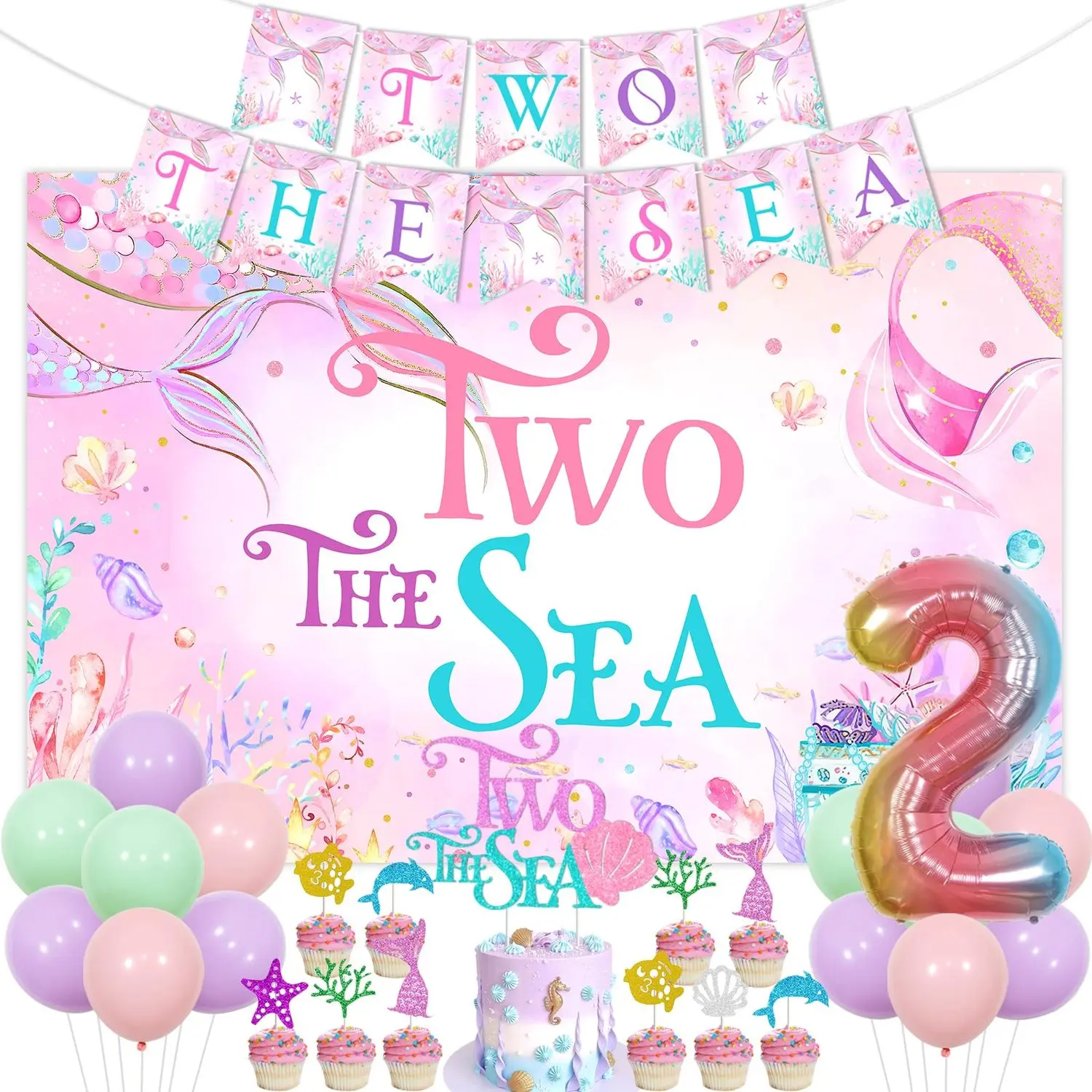 1Set Mermaid 2anniversary Birthday Decorations Girl Two the Sea Birthday Decorations Backdrop Banner Cake Cupcake Toppers Number 2 Foil Balloons for Under the Sea 2anniversary 2 Year Old Girl