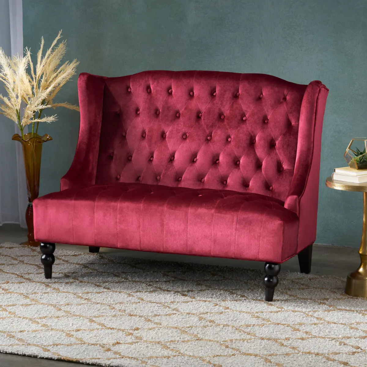 Velvet Chesterfield Wingback Loveseat with Diamond Stitch, Button Tufting, Modern Glam Design and Turned Legs – Indoor Furniture Sofa, Two Seats
