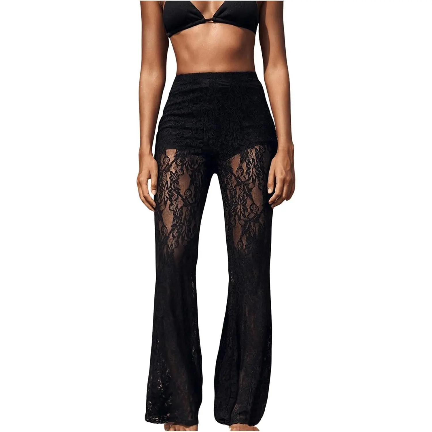 Women's Casual Comfortable Full-Length Floral Lace Sheer Mesh Flare Pants, Elastic High-Waisted Clothes with Lace Detail
