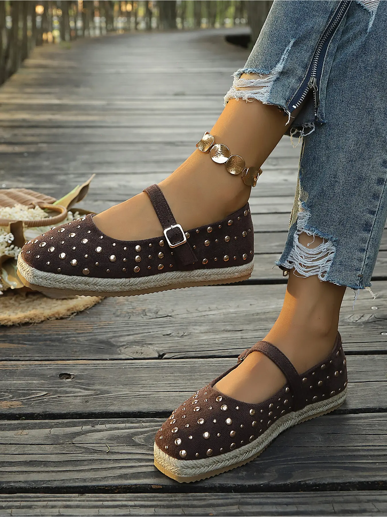 Viral Studded Flats, Square Toe Espadrille Strap Shoes, 2026 Trendy Must-Have