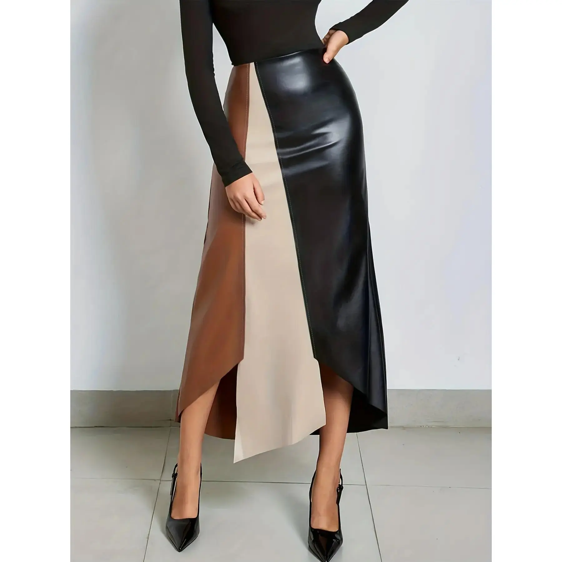 A fashionable color blocked irregular leather skirt for women suitable commuting shopping and outdoor wear everyday skirt seasonal musthave easy care wardrobe essential summer modern silhouette casual comfort