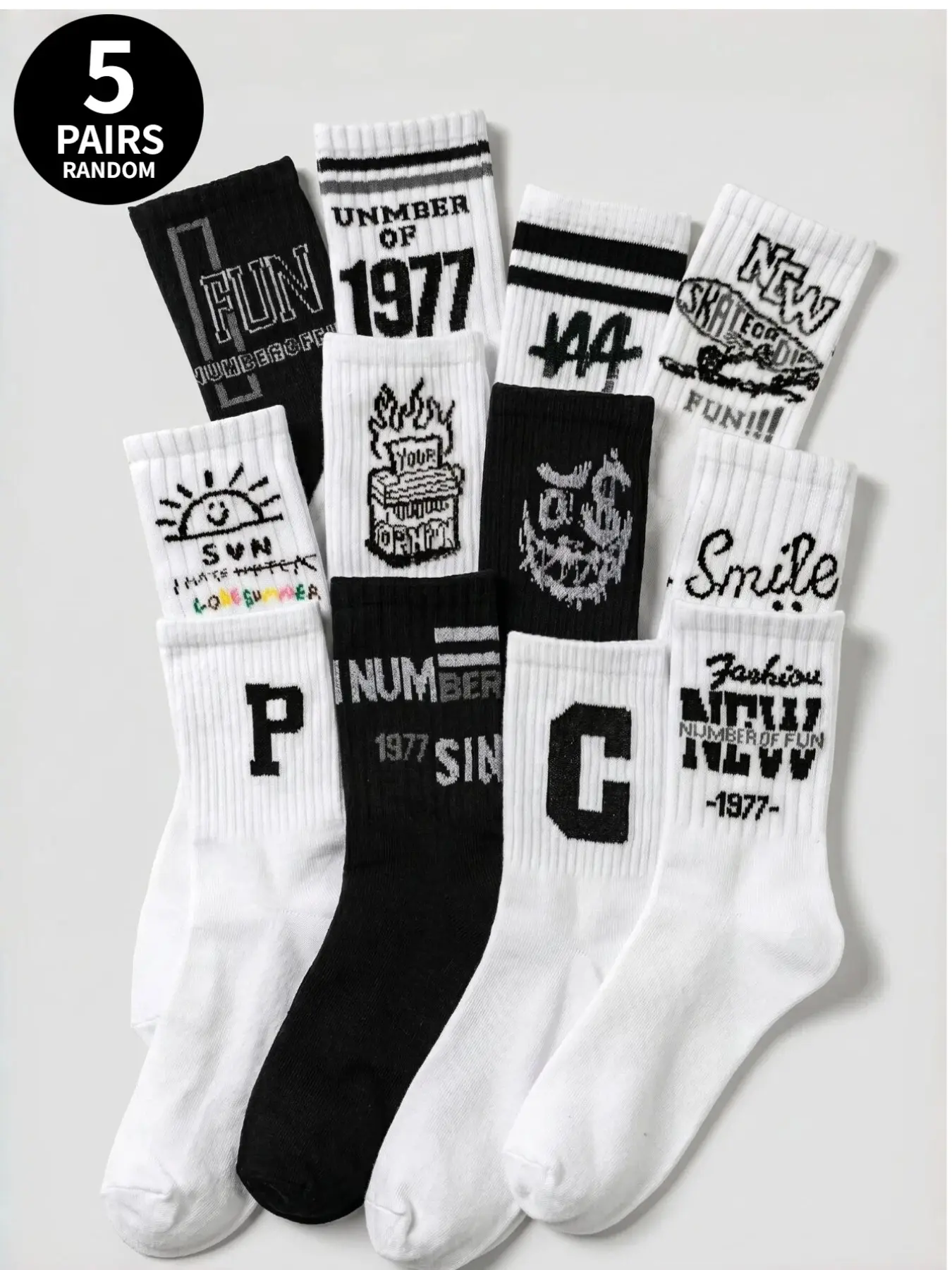 5-Pair Assorted Random-Print Retro Letter Graffiti Mid-Calf Sports Socks for Men and Women | Mid-Calf Socks | Mid Crew Socks | Knee-High Socks | Casual Socks | Black and White Sock Set | Y2K Streetwear & Skatewear Must-Have