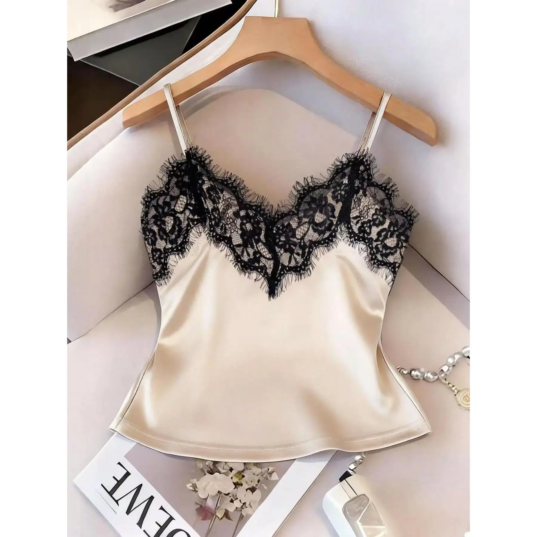 Champagne Color Halter Top, Lace Trim V-Neck Blouse, Slim Fit Elegant Women's Fashion, Daily/evening Wear, Romantic Mature Style