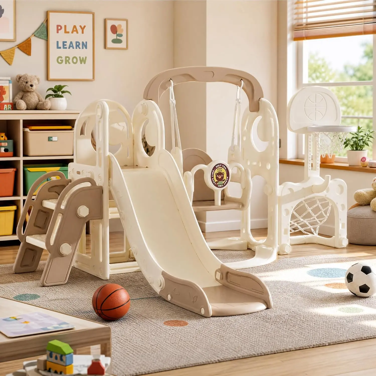 7-in-1 Toddler Slide and Swing Set, Kids Playground Playset Indoor Outdoor, Plastic Slide, Swing, Climber, Basketball Hoop, Soccer Goal, Ring Toss & Storage, for Kids Ages 1-3 Years Old, Brown/Pink