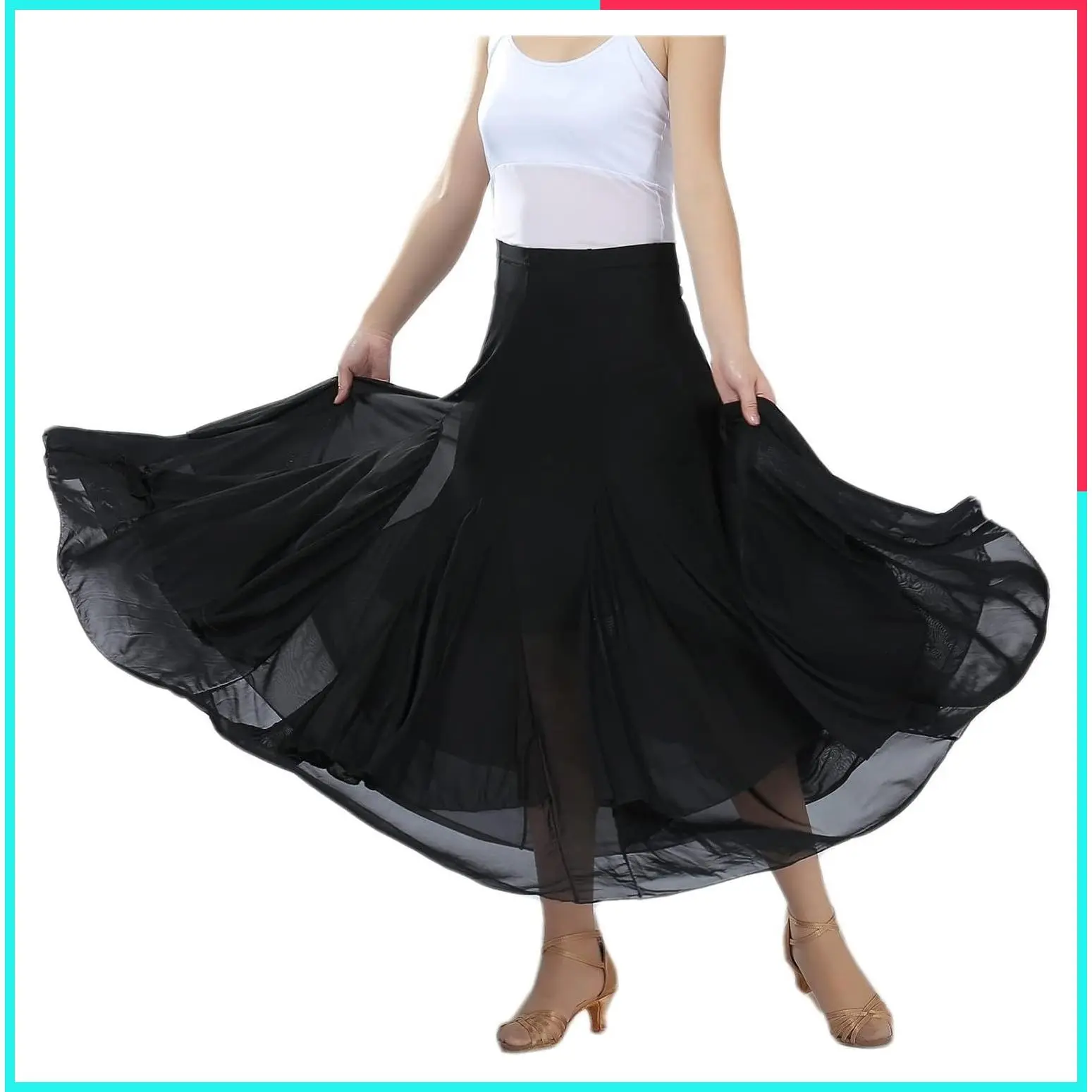 Elegant Ballroom Dancing Waltz Dance Party Long Swing Mesh Skirt