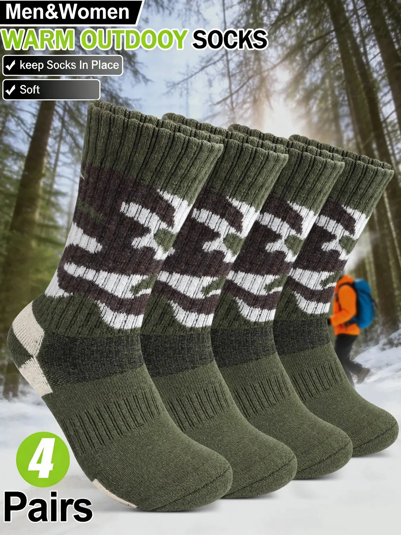 4 Pairs Wool Outdoor Sports Warm Socks for Men Knit Camouflage Hiking Socks Casual Crew Athletic Socks