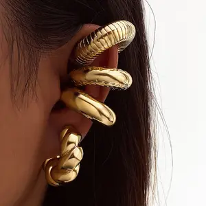 Women's Gold Chunky Nylon Ear Cuff Hoop Set - Bold Twisted Croissant Hoop, Ribbed Spiral Cartilage Clip-On, Lava Textured Statement Camping & Hiking Jewelry