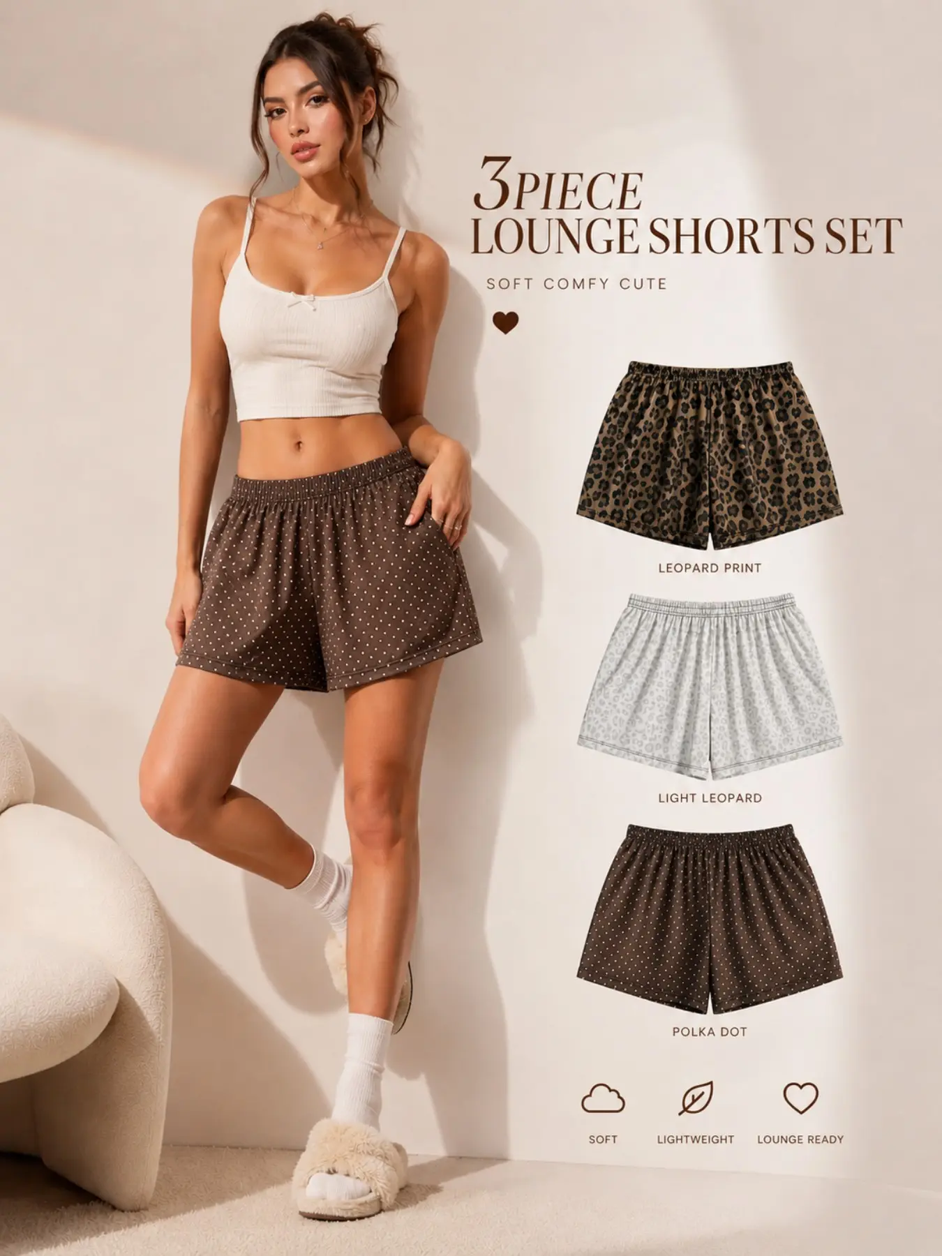 Women's 3-Piece Lounge Shorts Set Soft Comfy Pajama Shorts Bundle Casual Sleepwear & Loungewear for Home