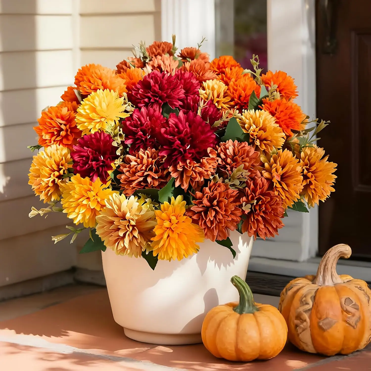 10Pcs Fake Flowers Artificial Mums for Outdoors,UV Resistant Faux Mums for Realistic Chrysanthemums No Fade Fall Flowers for Front Door Yard Autumn Decor