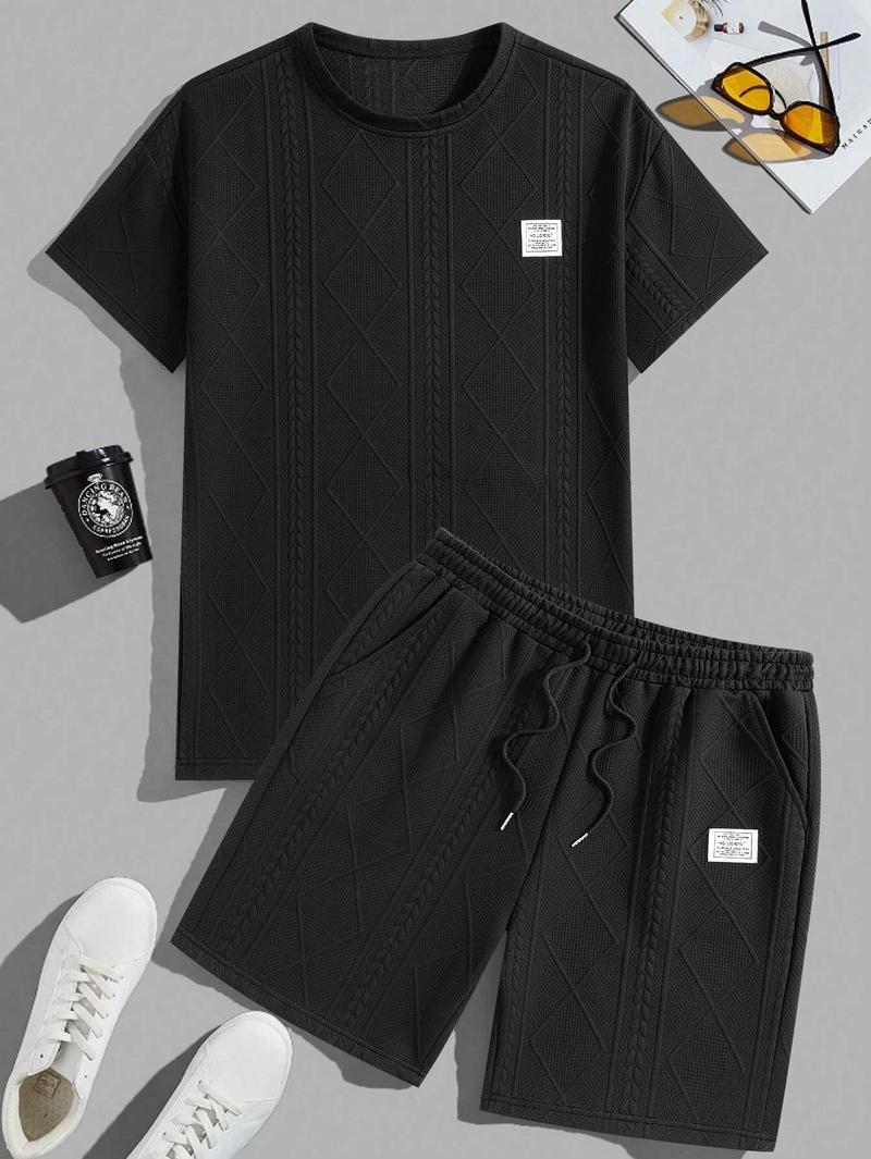 Men's Summer Casual Sports Suit 2-Piece texture Set Jacquard Texture Fabric Breathable Round Neck T-Shirt & Shorts Formal Tropical Man Top Suits Menswear Clothes Crewneck Shortsleeve Suitable for daily leisure running tiktok shop deals gifts for him