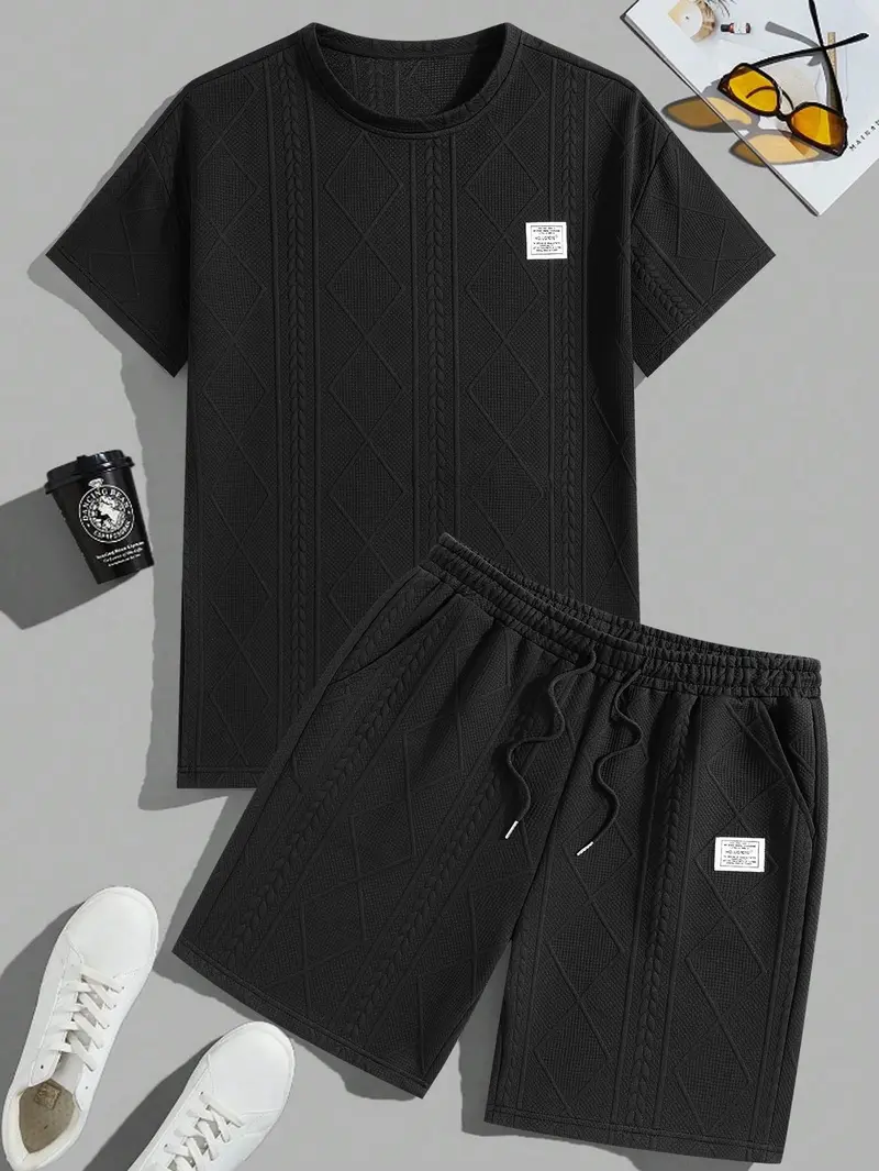 Product Introduction of Men's Summer Casual Sports Suit 2-Piece texture Set Jacquard Texture Fabric Breathable Round Neck T-Shirt & Shorts Formal Tropical Man Top Suits Menswear Clothes Crewneck Shortsleeve Suitable for daily leisure running tiktok shop deals gifts for him 1