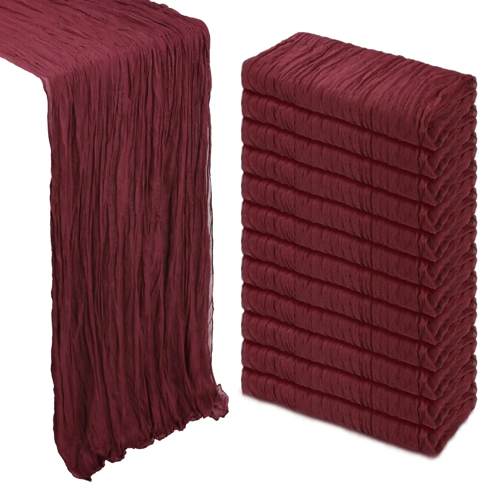 Burgundy Cheesecloth Table Runner 6/12 Pack - 17x108 in Semi-Sheer Boho Gauze Fabric, Elegant Design, Light Blue Option, All Seasons Decorations for Wedding, Home Decor; Avoid Direct Sunlight