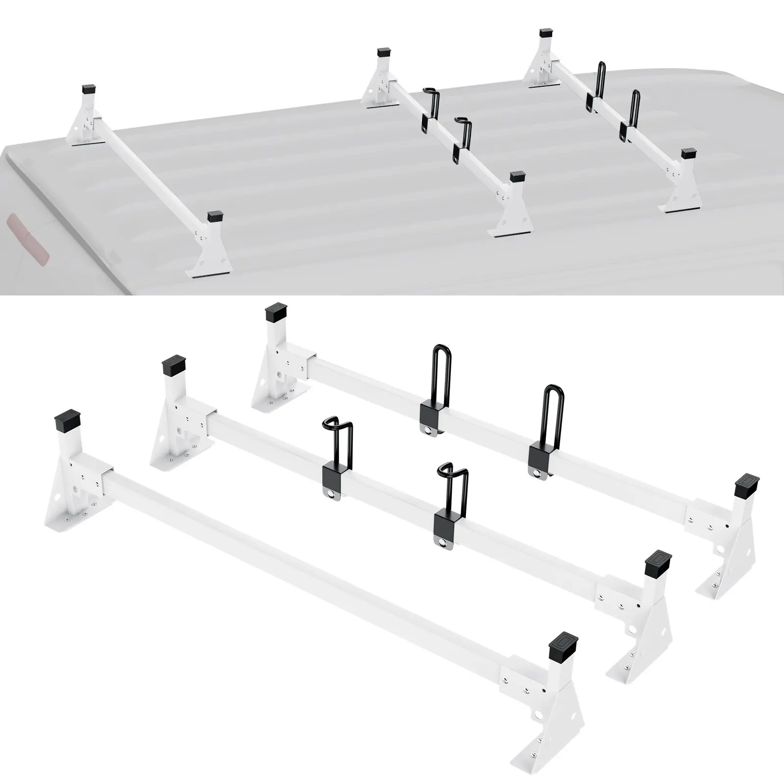 VEVOR Heavy-Duty Steel Trailer Ladder Rack, 54" 3-Crossbars Roof Rack, 800 lbs Capacity with Straps, Compatible with Ford Transit 150, 250, 350 (2015-2022)