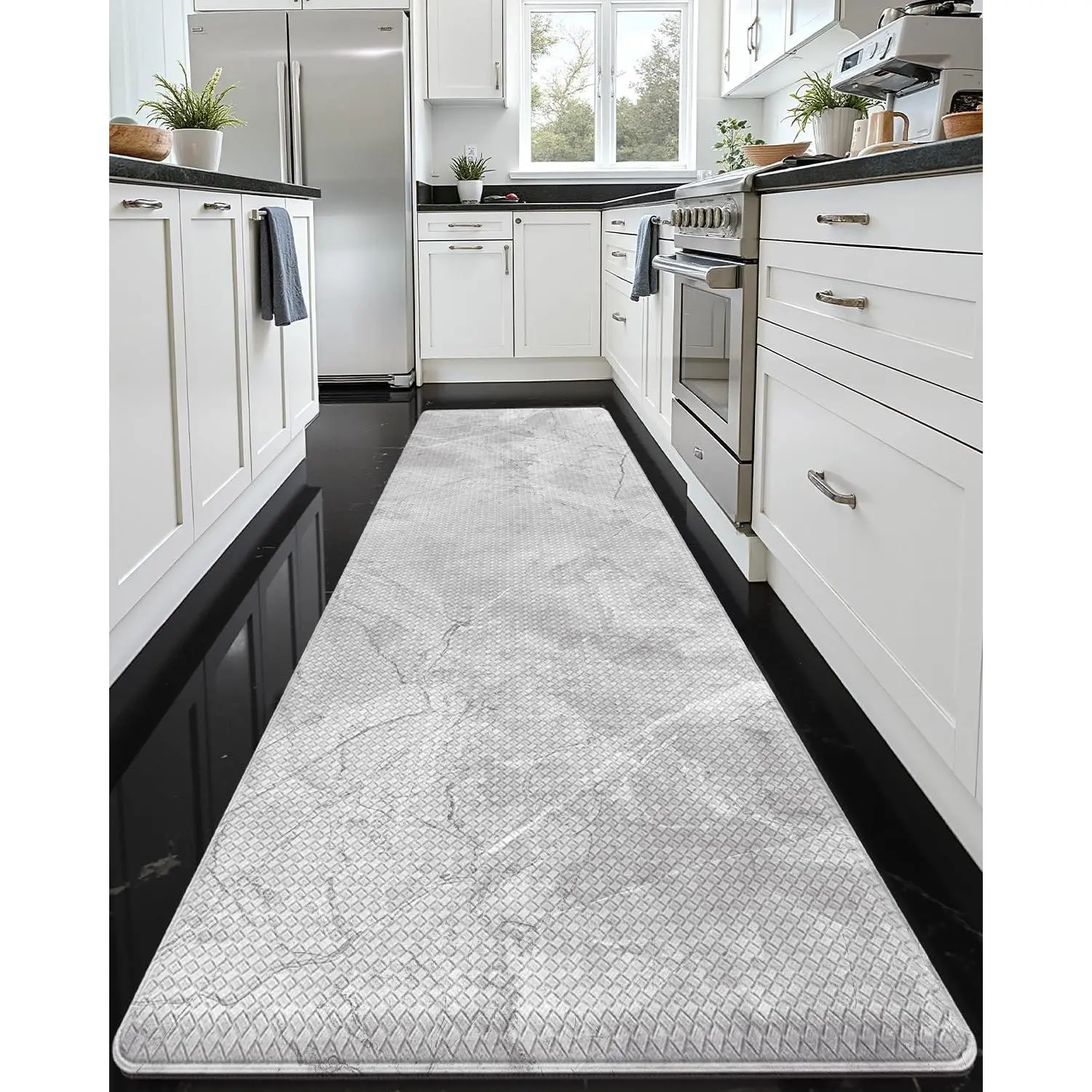 DEXI Kitchen Floor Mats Cushioned Anti Fatigue, 23x86 Large Long Standing Comfort Runner Rug Waterproof, Marble Memory Foam Padded for Front Sink Laundry, Light Grey