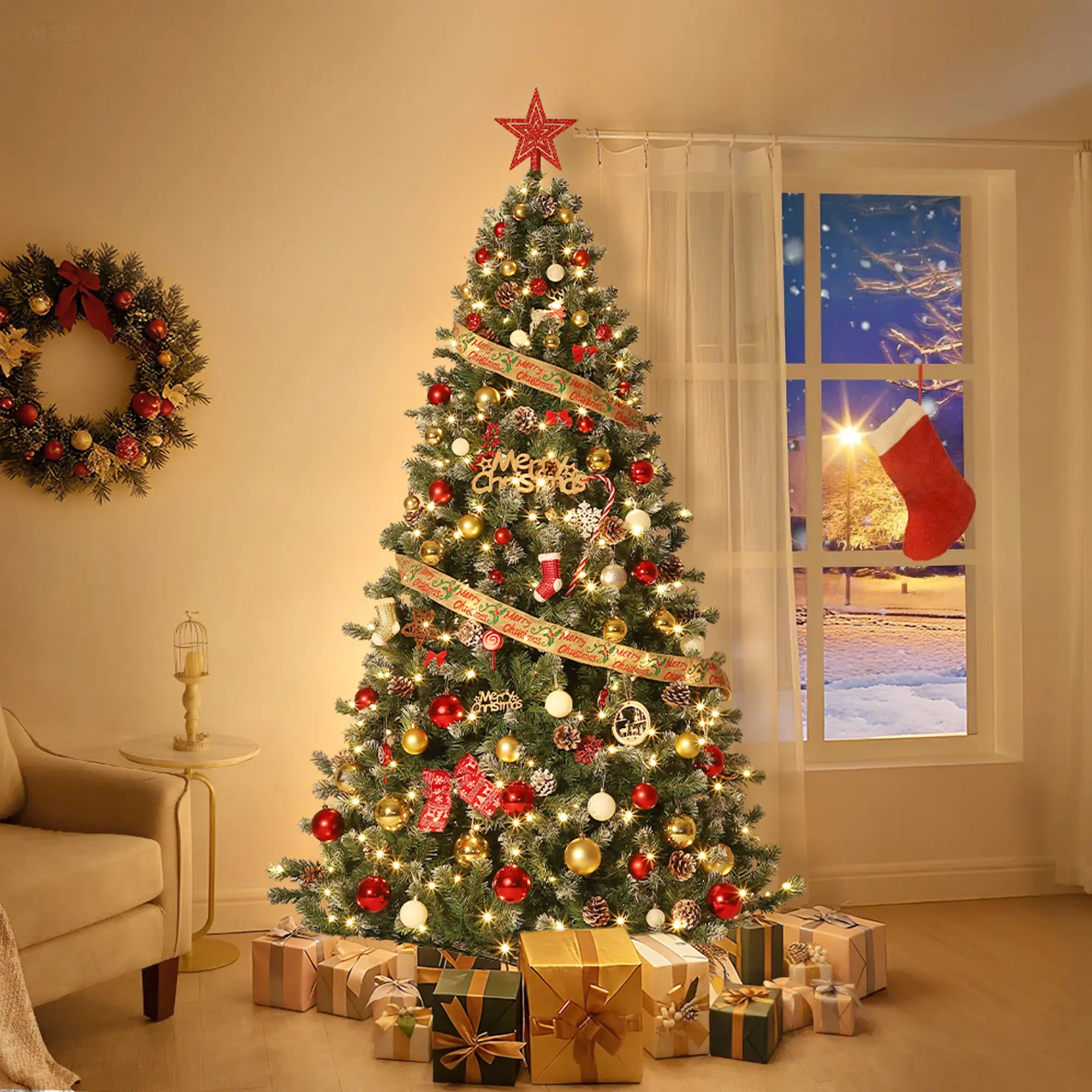 Pre-Decorated Snow Flocked Artificial Christmas Tree - Natural Pine Cones, Hinged Metal Stand, Full Realistic Divisions - Easy Assembly Holiday Decoration for Home, Office, Party