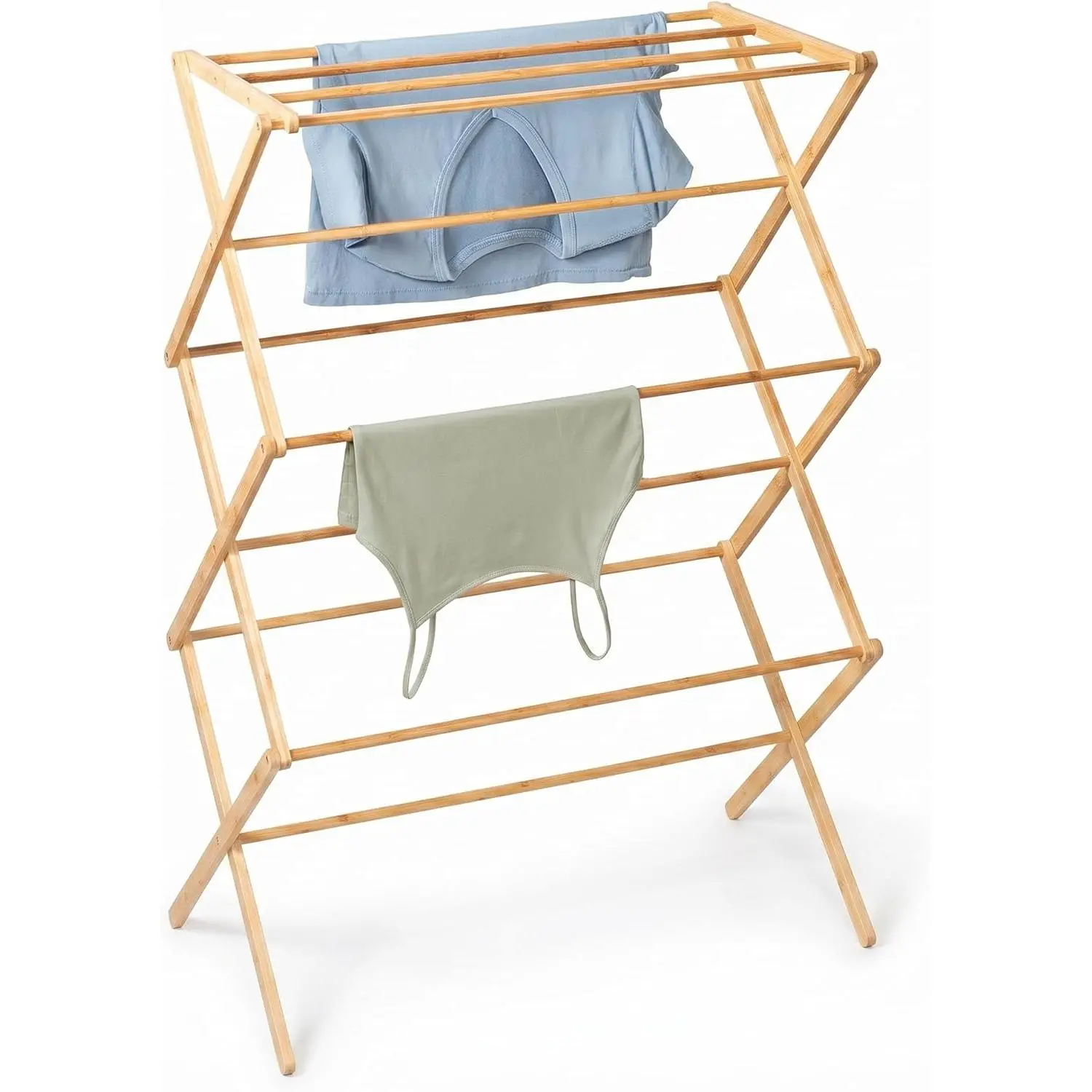 Collapsible Bamboo Drying Rack - A sturdy and foldable laundry drying rack, a space-saving and portable clothes rack for air-drying clothes, towels, blankets, and delicate items, suitable for indoor and outdoor use.