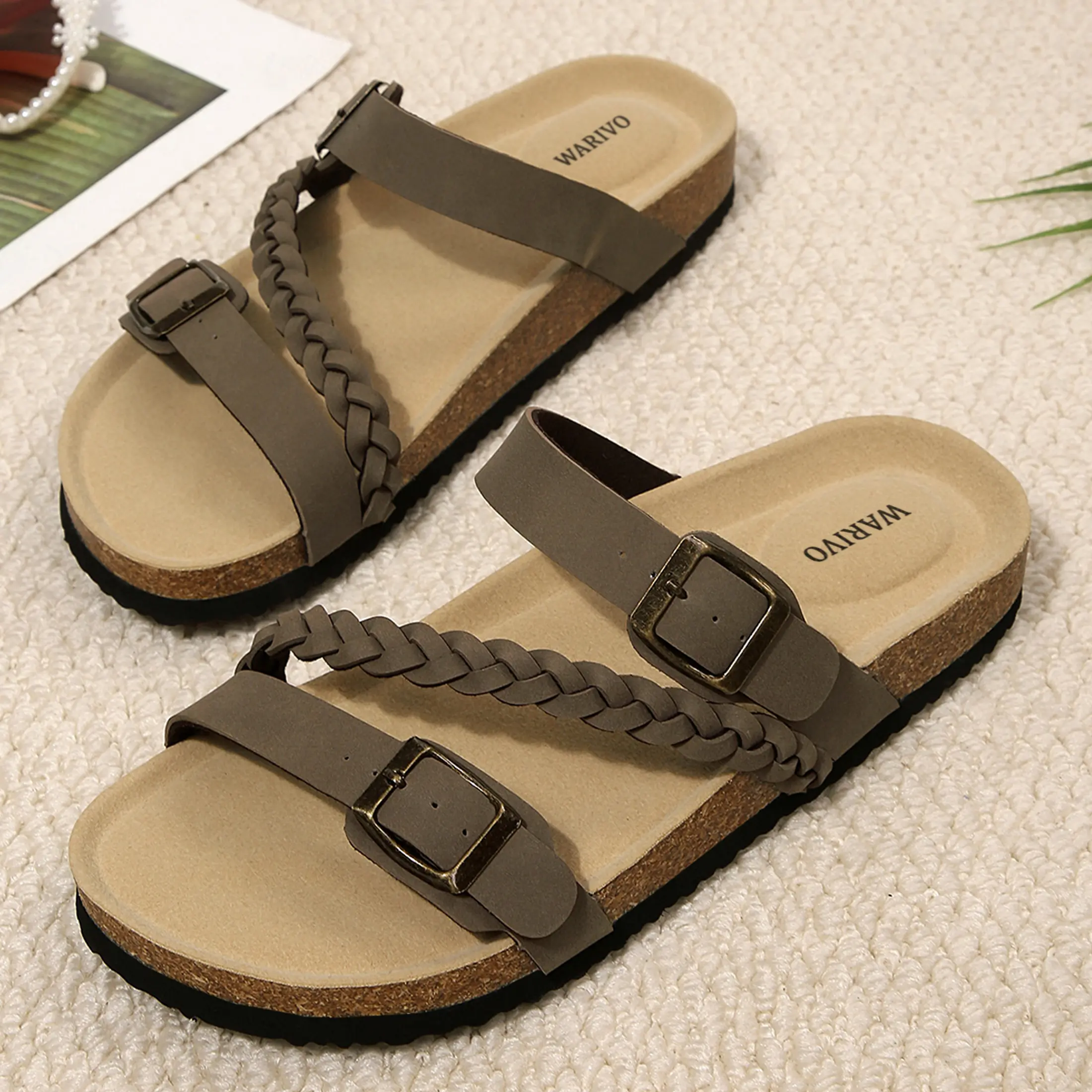 Women’s Comfort Cork Footbed Sandals Braided Strap Antique Buckle Slip On Lightweight Summer Walking Slides Daily Wear