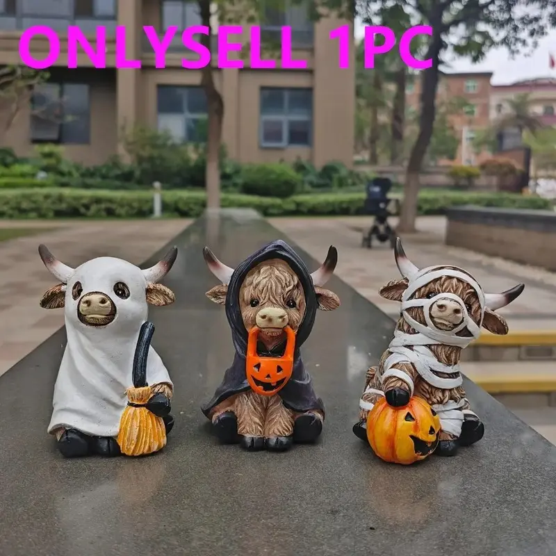 Halloween Scottish Highland Cow Figurine, Spooky Mummy Grim Reaper Ghost Cow Statue, Resin Cattle Sculpture for Tabletop Desk Centerpiece, Unique Gothic Holiday Party Home Decor, Gift Ornaments