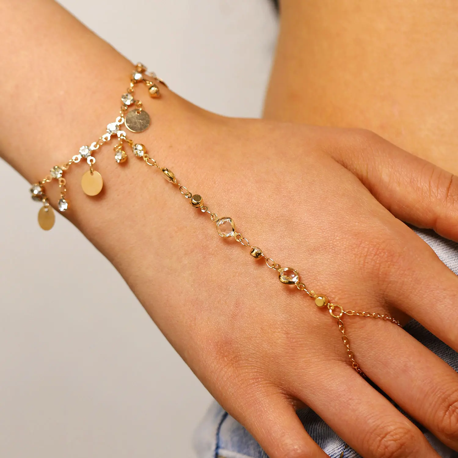 Women's Bohemian Gold-Tone Hand Chain Bracelet with Attached Ring - Rhinestone Bling Fairycore Jewelry, Jewelry Stack, Adjustable Strap, Wrist Stack, Gold Aesthetic, Back Chain Bracelets & Bangles for Beach Festivals