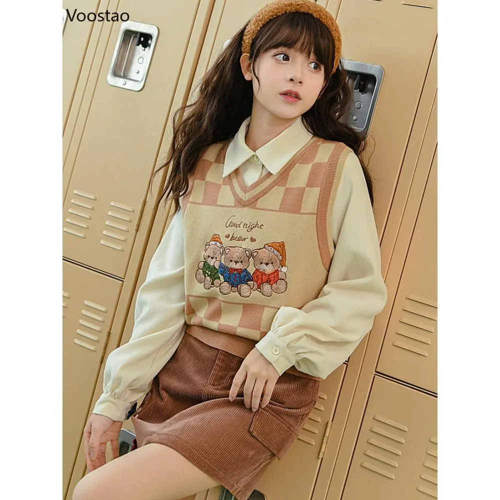 Sweet Preppy Style Cartoon Bear Embroidery Knitted Vest Women Kawaii V-Neck Sleeveless JK Sweater Spring Autumn Jumper Waistcoat