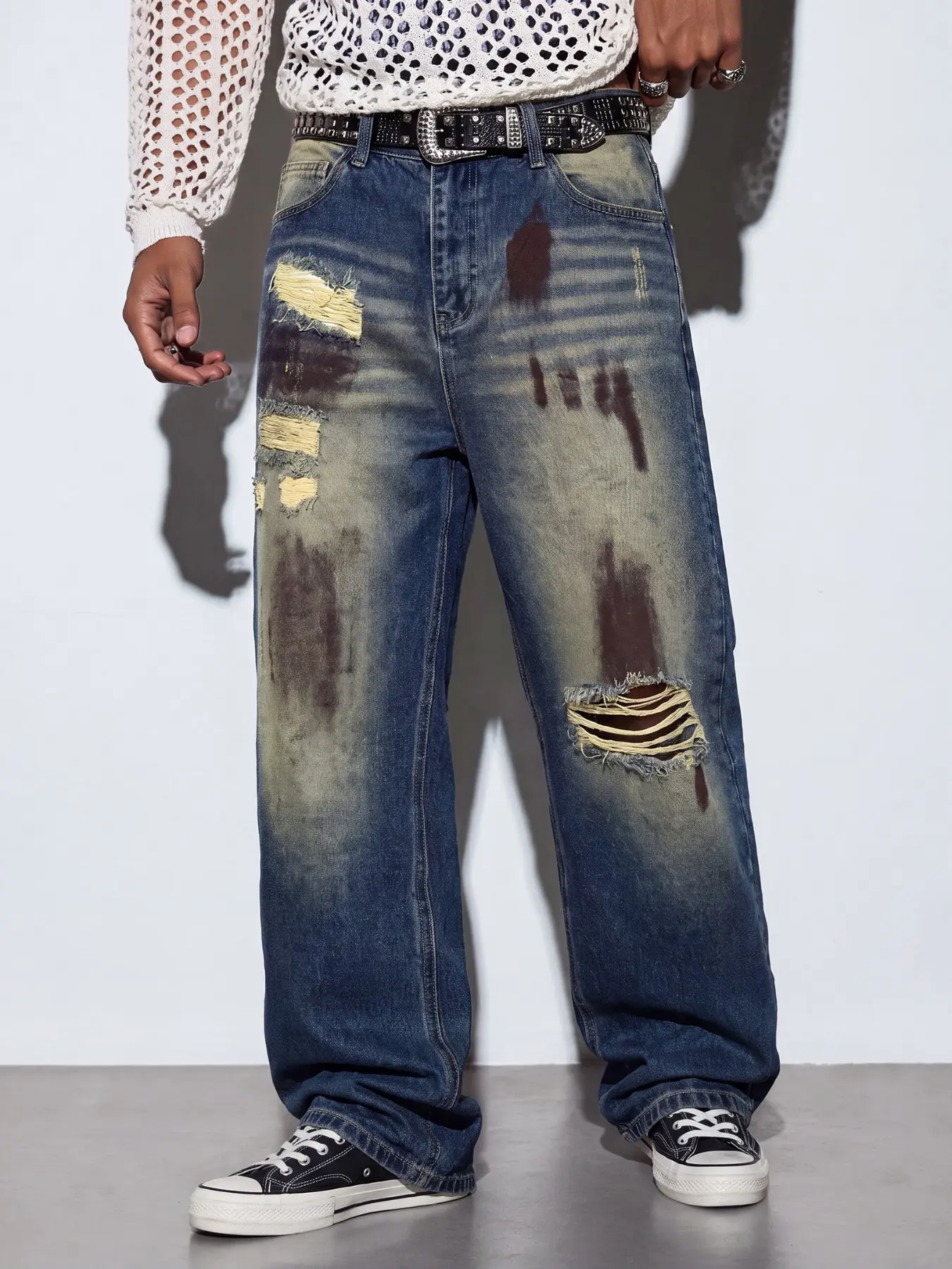 Men’s Vintage Washed Denim Trousers, Multiple Streaked Rips & Dirty Wash Craft, Distressed Wash Treatment, Trendy American Street Vibe, Y2K Wasteland Styling