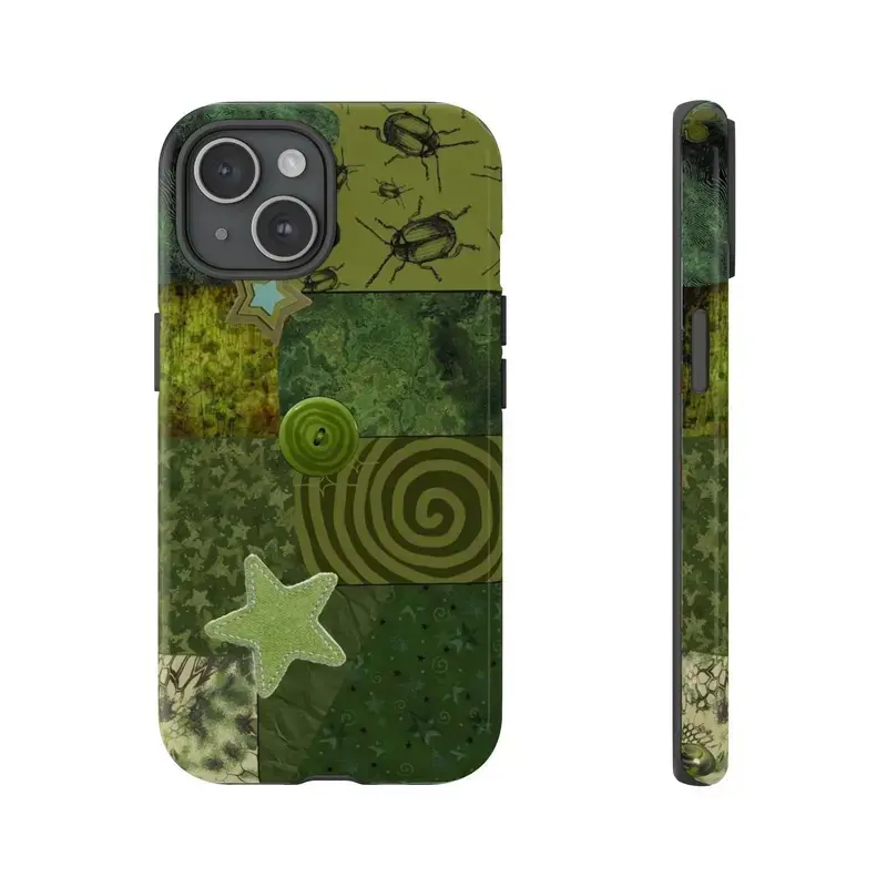Slim-Fit Durable Polycarbonate-TPU Green Patchwork Smartphone Cover - Shockproof UV-Printed Vintage Plant Collage Protection Case, Earthy Accessory for Women for iPhone 17 Pro Max/17 Air/17 Pro/16/16 Plus/15-11 Pro Max (Gift Option)