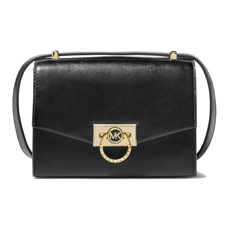 Michael Kors MK Hendrix Letter-Logo Gold-Tone Flap Crossbody Bag for Women, Minimalist French Style, Black
