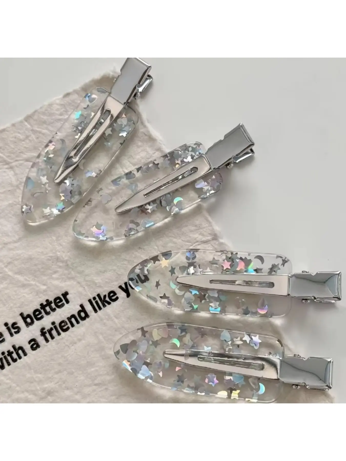 2D Flat 4Pcs Holographic Star Moon Hair Clips, Transparent Resin Sequins Non-slip Barrettes, Y2K Women Hair Accessories