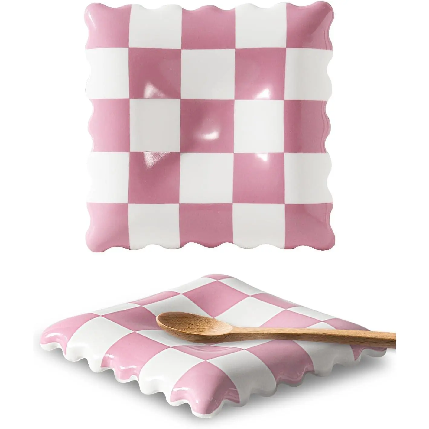 Ceramic Spoon Rest,  Checkered Spoon Rest for Stove Top, Large Spoon Holder, Spoon Rest for Kitchen Counter, Coffee Accessories for Housewarming& Coffee Station