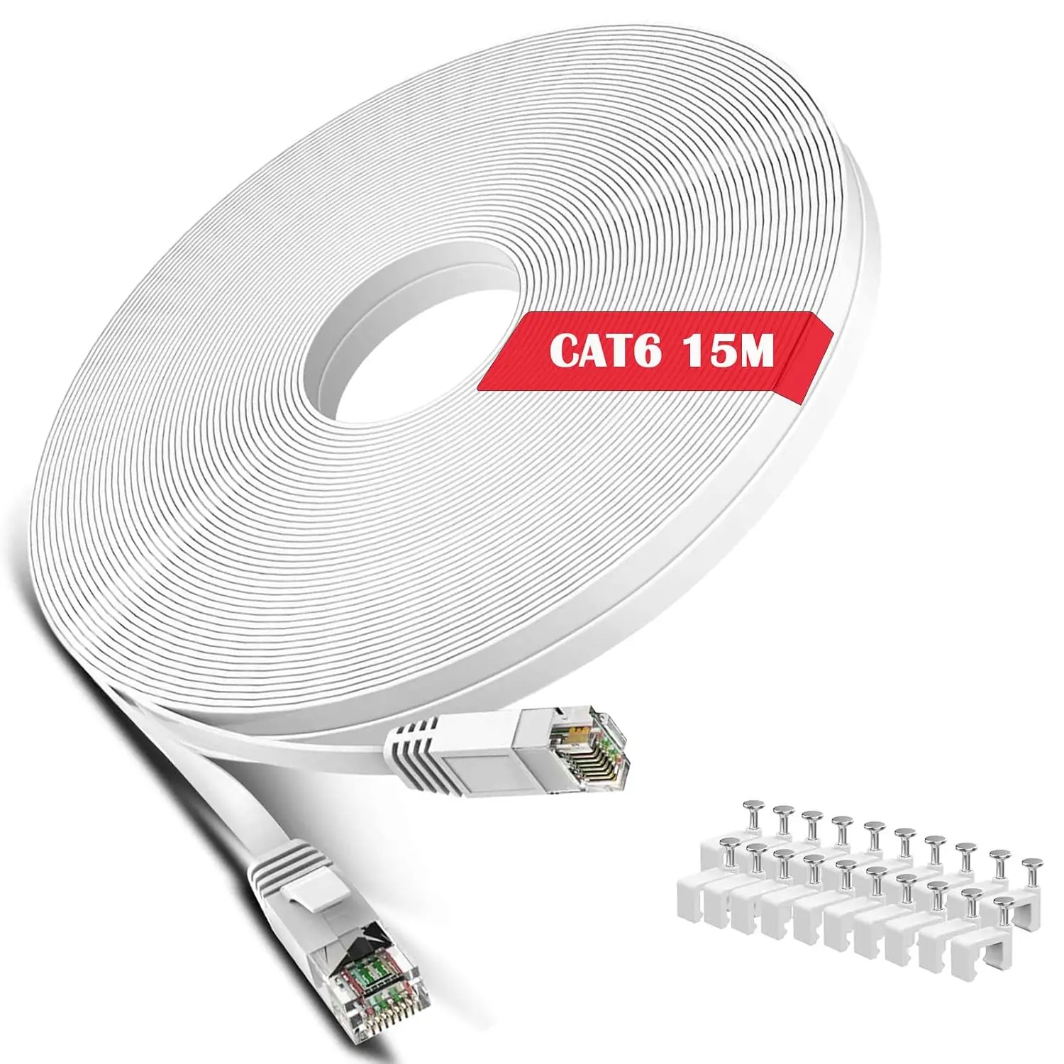 6 Ethernet  50 ft White - Flat Internet Network LAN Patch Cords – Solid Cat6 High Speed  Wire with Clips& Snagless Rj45 Connectors for Modem, Router