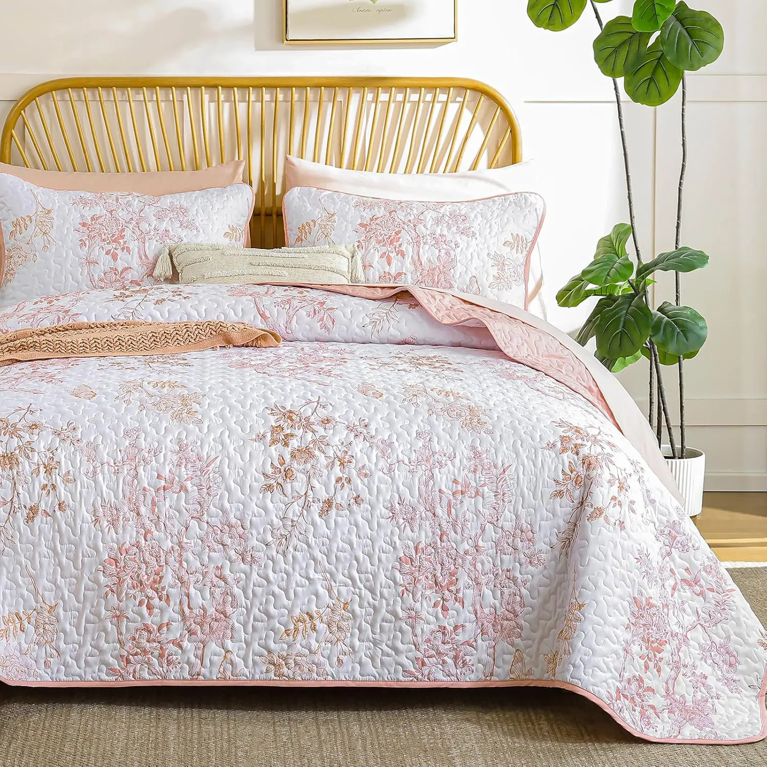 Pink Floral Set Queen,Botanical Leaf & Butterfly Pattern Bedspread Coverlet Set,Soft Beautiful Farmhouse Plants Bedding Set