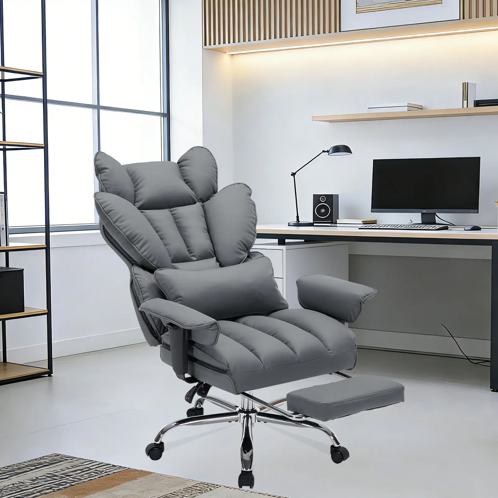 Heavy-Duty Big & Tall Executive Chair, Soft PU Leather High-Back Design with Footrest, Adjustable Back and Lumbar Support, Sturdy Build Holds Up to 250KG for Home & Workspace