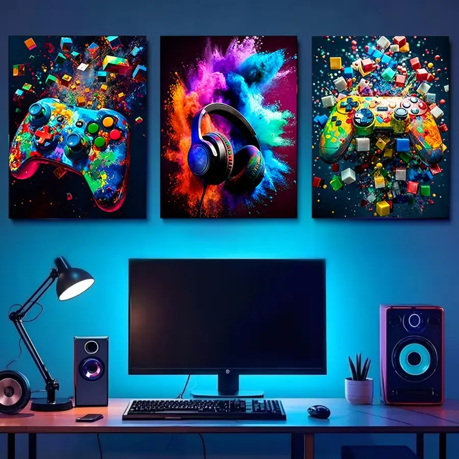 3-Piece Frameless Canvas Decorative Art - Modern Neon Splatter Game Controller & Headset Wall Print, Vibrant Paint Explosion Player Frameless Poster for Gaming Rooms and Teenage Bedrooms, Birthday & Festival Decor Gift.