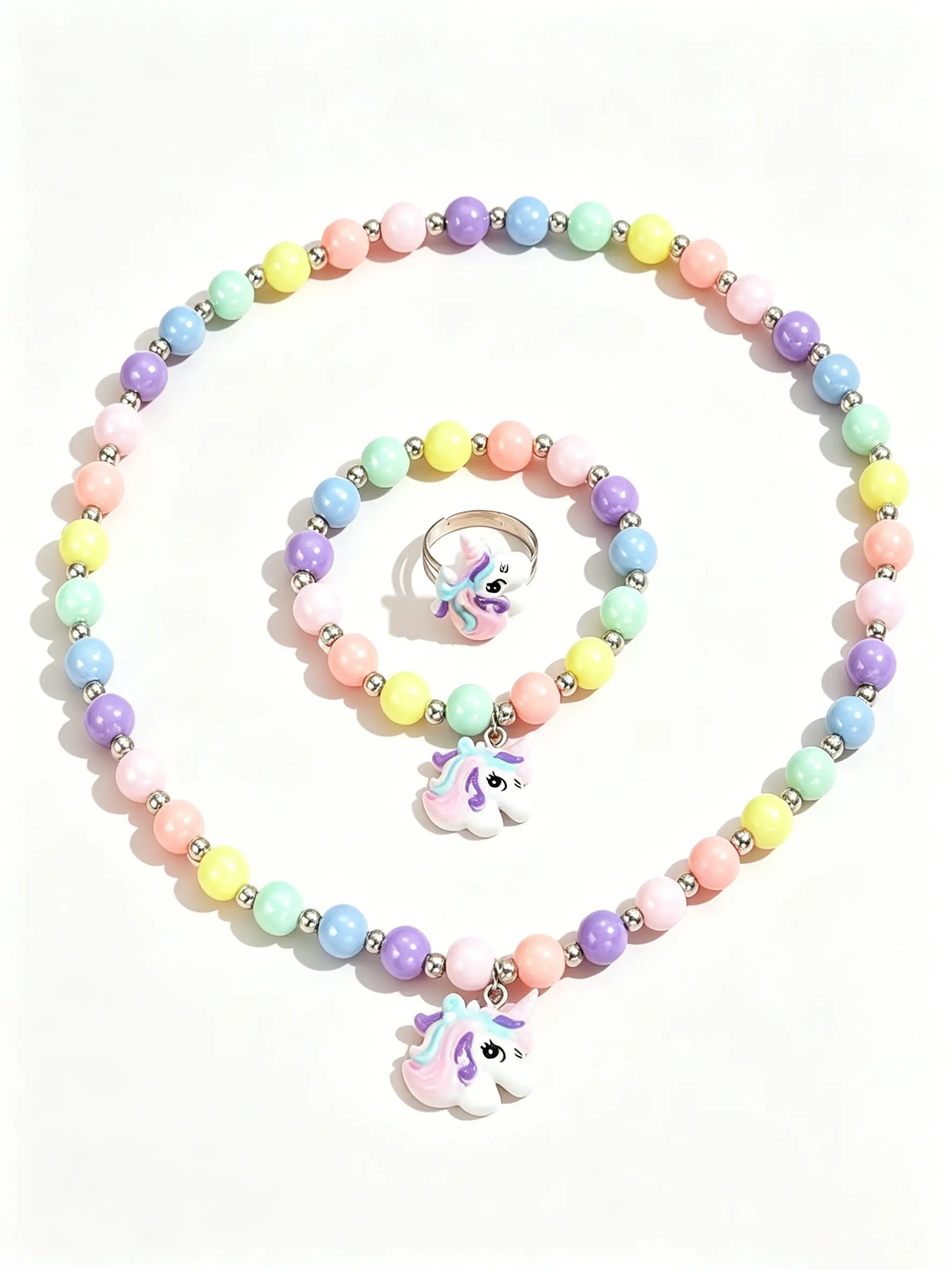 Unicorn Elastic Bead Kids Jewelry Set for Girls, Cartoon Necklace Bracelet Ring Trio, Princess Birthday Party Gift with Bag