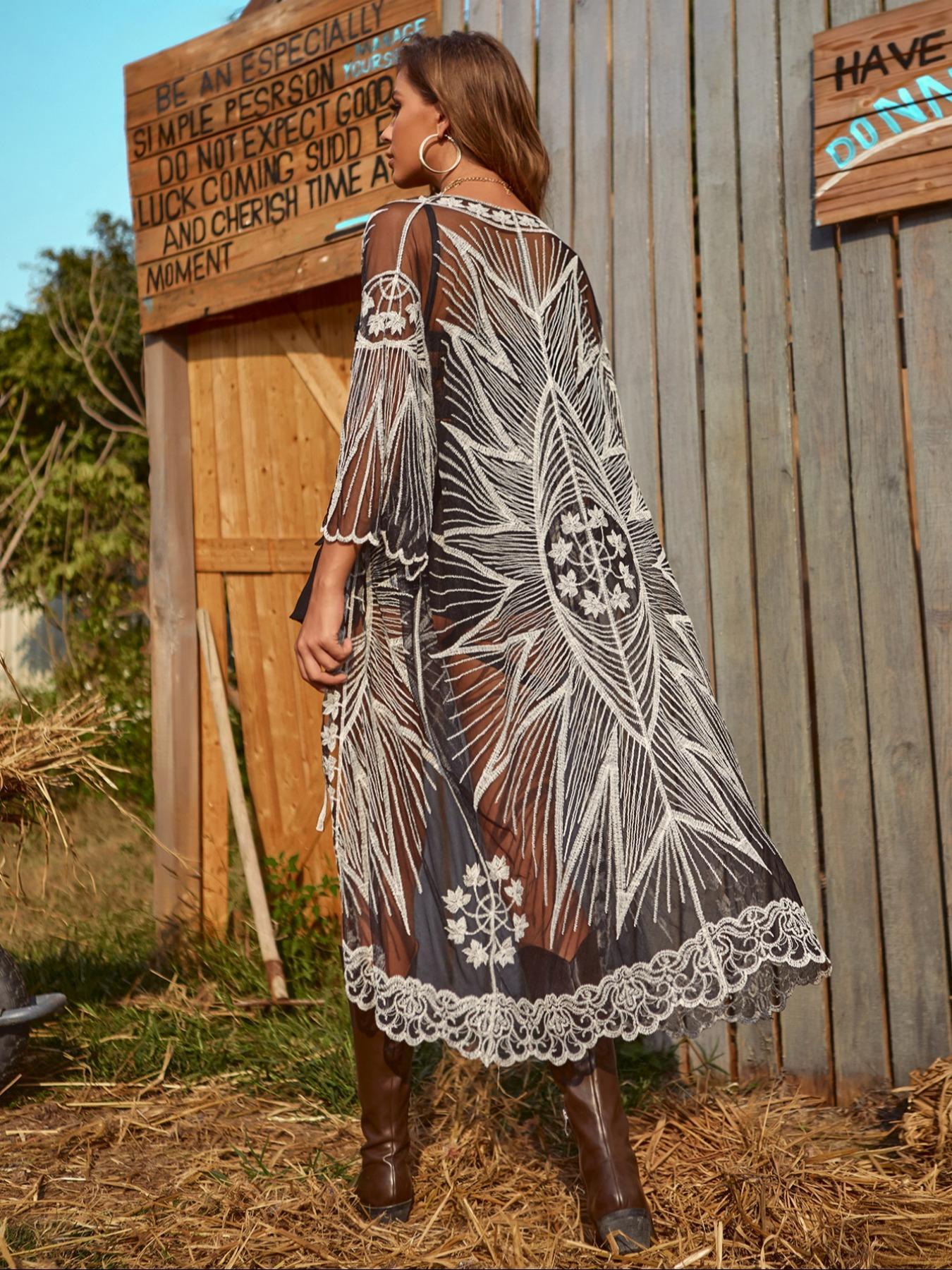 Women's Leaf Embroidery Cover Up Dress, Casual Long Sleeve Cover Up Dress for Beach Holiday Vacation, Ladies Clothes for Summer