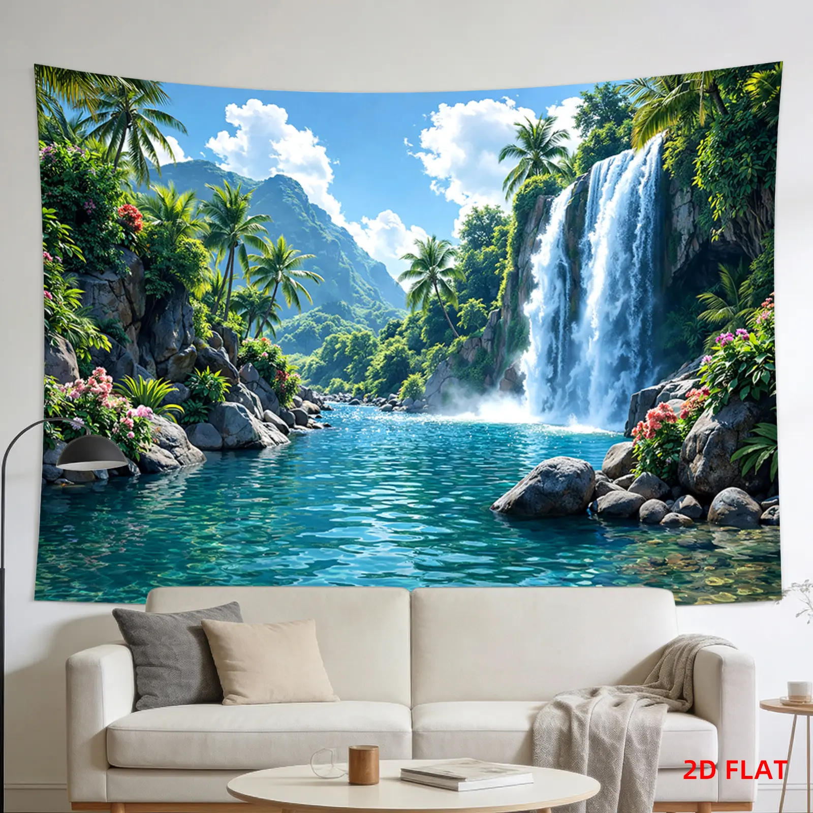 2D flat, 1 large/small size tapestry - palm tree jungle waterfall river landscape wall hanging, large horizontal wall decoration, suitable for living room, meditation space, office, non-luminous printed fabric decoration