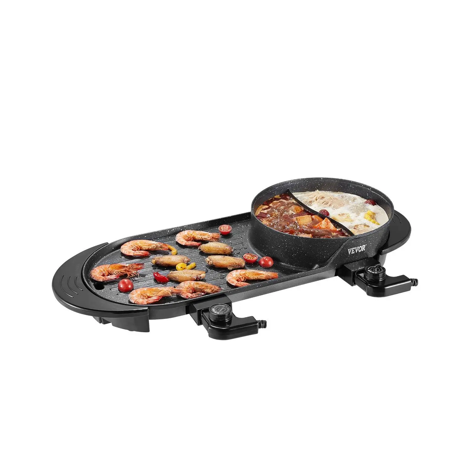 VEVOR 2200W Power 2-in-1 Electric Smokeless Cast Aluminum Grill and Hot Pot, 2.7L Korean BBQ Shabu Shabu, Dual Temp Ctrl Non-stick Pan for Family Dining (1-6 People)