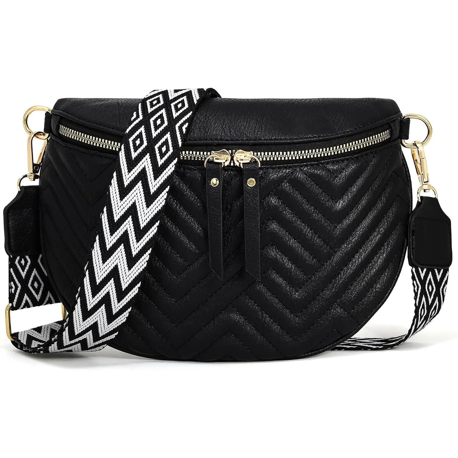 Quilted PU Leather Bum Bag for Women Crossbody, Small | Soft material, adjustable wide strap, metal zipper closure, stylish crescent sling purse for shopping travel dating, Black